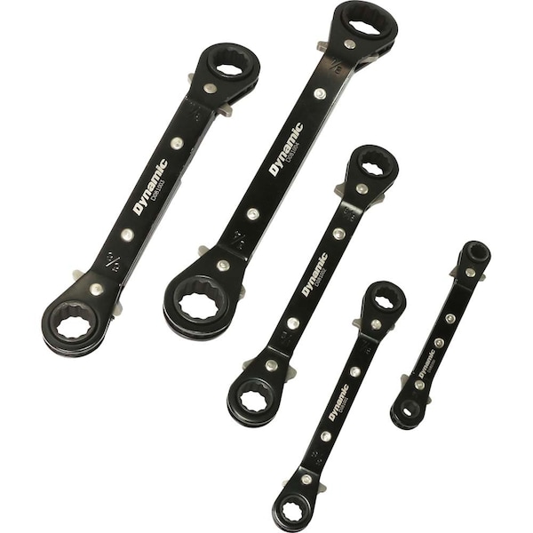 5Pcs SAE Dbl Box End, Reversible Ratcheting Wrench Set, 25 Degree Offset